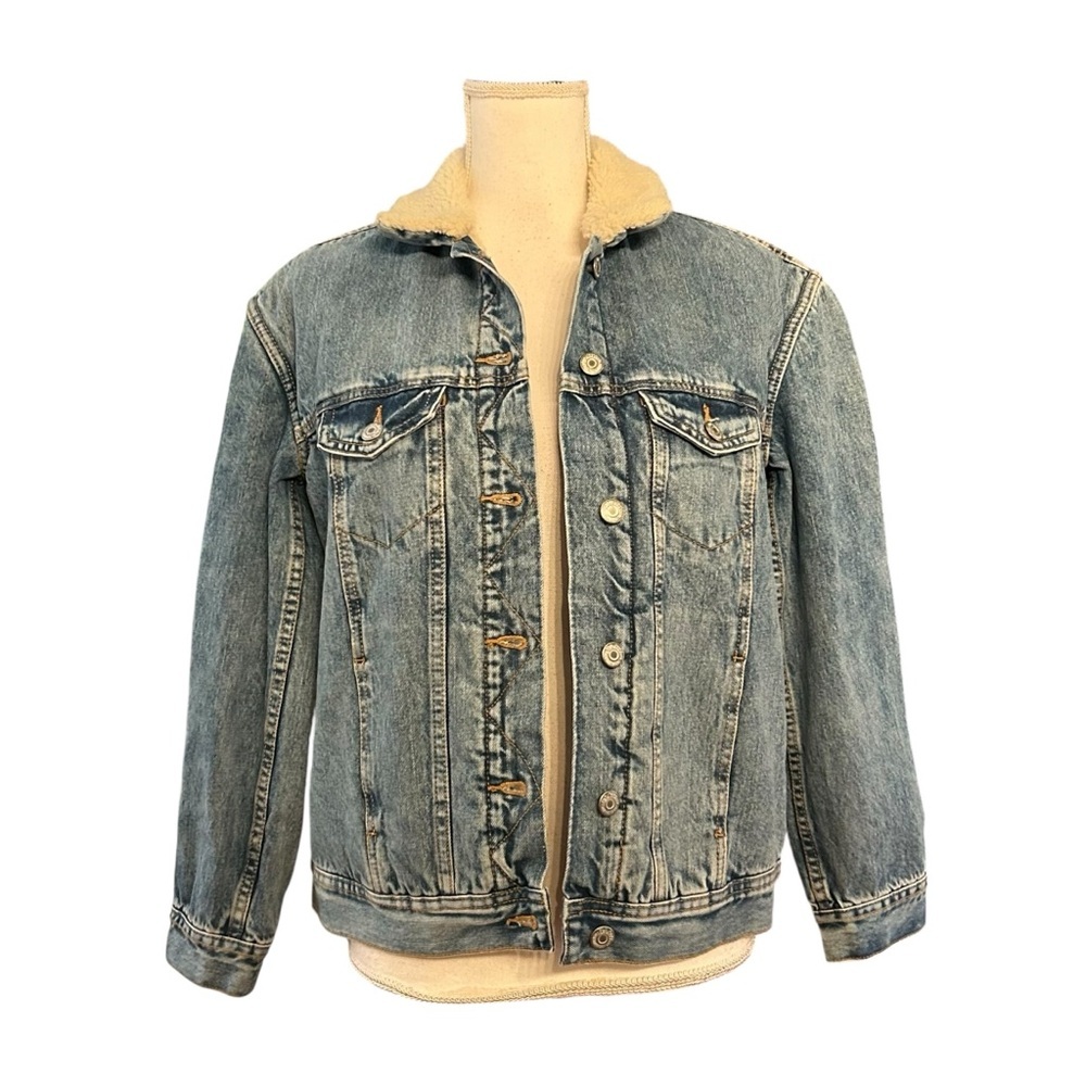 Old Navy Sherpa Collar Boyfriend Denim Jean Jacket‎ Women SZ XS Autumn Wash NEW
